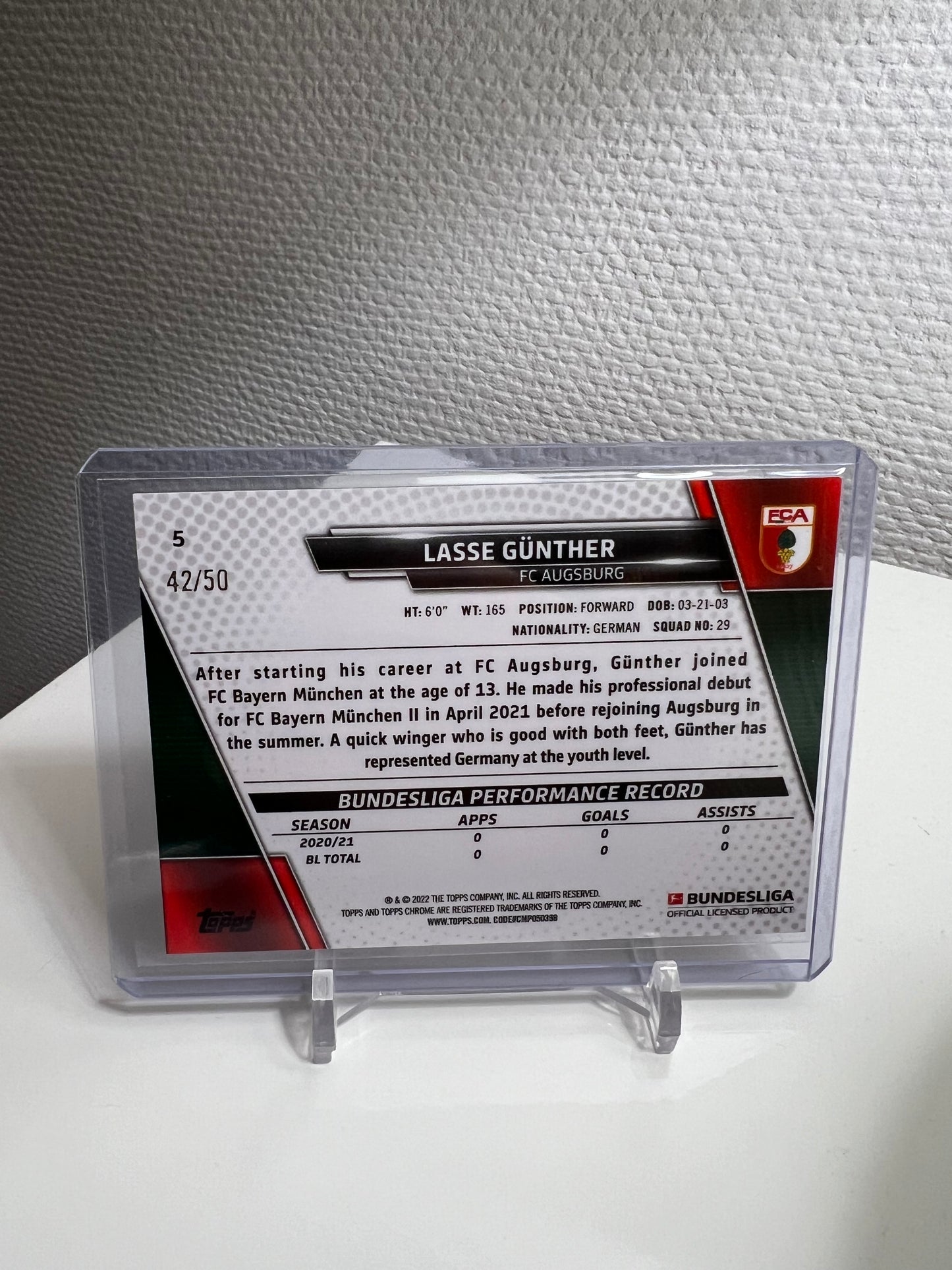 Chrome Sapphire 21-22 - Lasse Günther Gold /50 RC Card - FC Augsburg