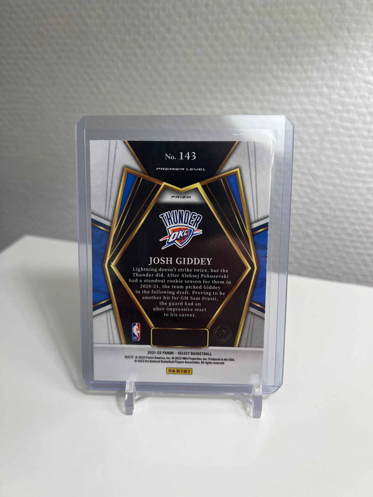 Select 21-22 - Josh Giddey Silver Holo Premier Level RC Card - Oklahoma City Thunder