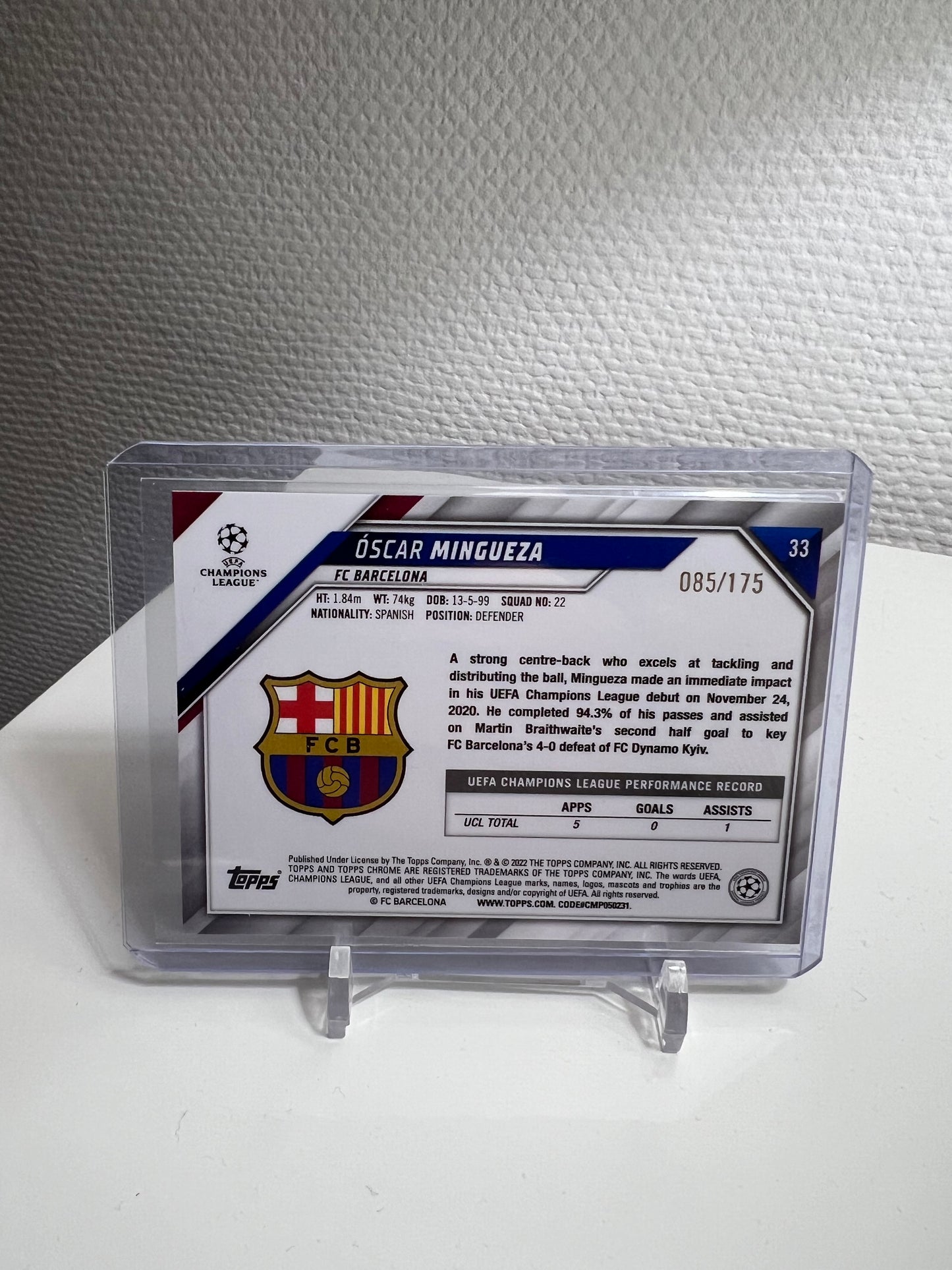 Chrome 21-22 - Oscar Mingueza Pink /175 RC Card - FC Barcelona