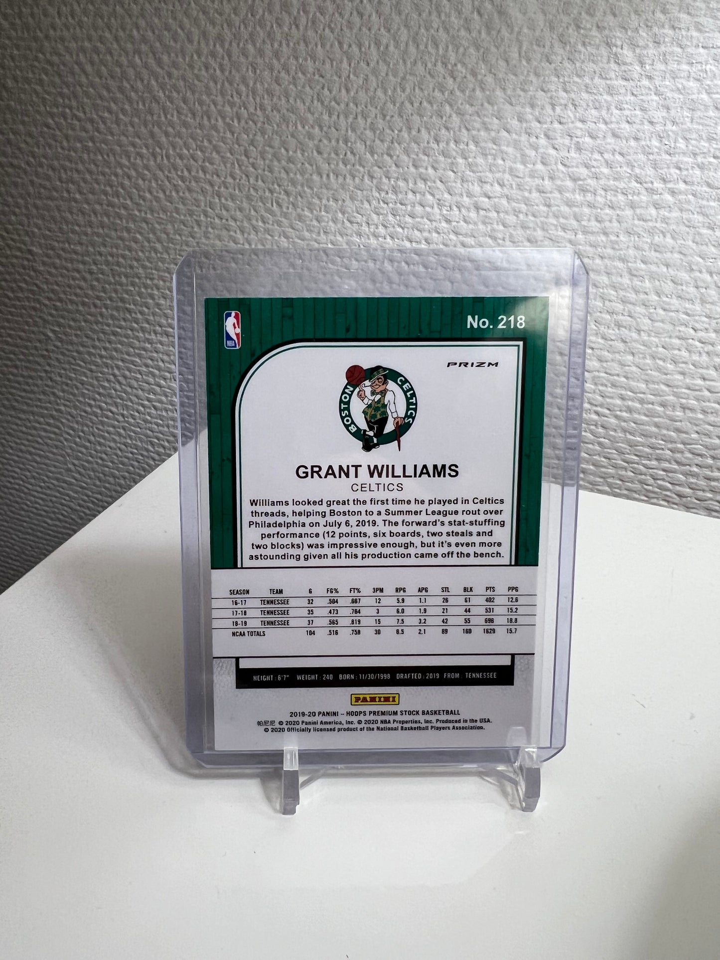 Hoops Premium Stock 19-20 - Grant Williams Silver Prizm RC Card - Boston Celtics